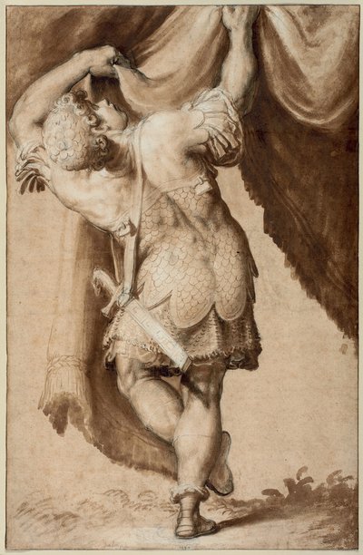 Fiatal harcos, hátulról nézve, függönyt felhúzva alkotó: Francesco Salviati