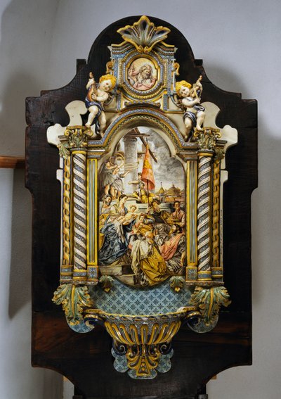 Nagy szenteltvíz-kút festett majolikában Francesco Solimena (1657-1747) A mágusok imádása című képének központi jelenetével, Olaszország, XX. század alkotó: Francesco Solimena