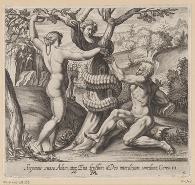Éva felajánlja Ádámnak a tiltott gyümölcsöt Festmények Raphael loggiájában (sorozat címe) La Sacra Genesi (sorozat címe) alkotó: Francesco Villamena