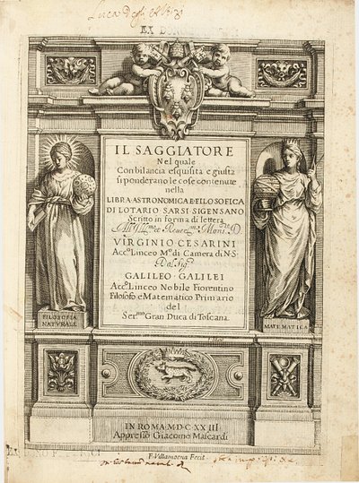 Galileo Galilei "The Assayer" című művének frontképe, 1623 alkotó: Francesco Villamena