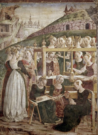A menet allegóriája, Minerva diadalának részlete női szövéssel) részlet - Francesco del Cossa freskója (kb. 1436-vers 1478) Ferrara (Ferrara) Palazzo Schifanoia, Salone dei Mesi alkotó: Francesco del Cossa