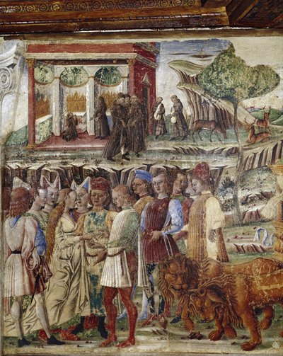 Július hónap allegóriája, Jupiter diadalának részlete, esküvői jelenet részlete - Francesco del Cossa freskója (kb. 1436-vers 1478) Ferrara (Ferrara) Palazzo Schifanoia, Salone dei Mesi alkotó: Francesco del Cossa