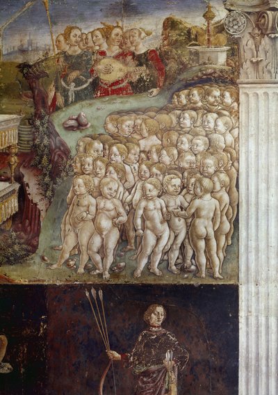 Május hónap allegóriája, Apollo diadalának részlete, meztelen gyerekek és kilenc múzsa Francesco del Cossa freskója (kb. 1436-1478 körül) Ferrara (Ferrara) Palazzo Schifanoia, Salone dei Mesi alkotó: Francesco del Cossa
