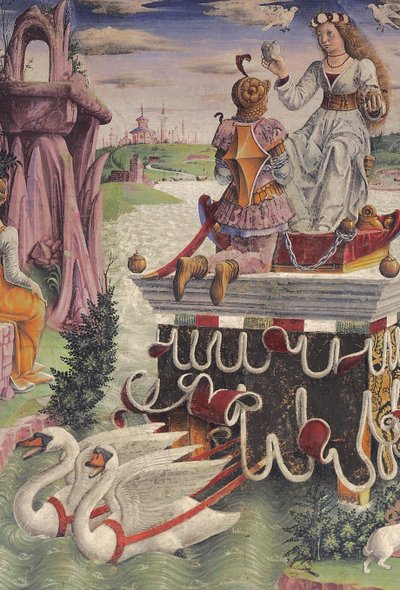 A Vénusz diadala és a Bika jegye, jelenetek április hónapból, keleti fal, Hónapok terme, Palazzo Schifanoia (Öröm palotája), Ferrara, Emilia-Romagna, Olaszország, 1470 körül (freskó) (763493 részlet) alkotó: Francesco del Cossa