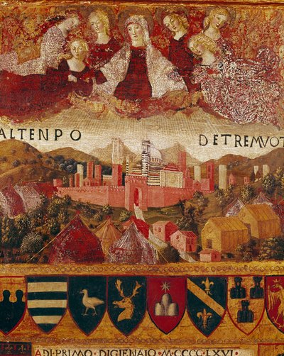 Ex voto (vagy ex voto): "" Szűz Mária Siena városát védte az 1466-1467-es földrengések idején"" Részlet. Francesco di Giorgio Martini (1439-1502) fafestménye, amely egy Bicchernát díszít (Si város számviteli nyilvántartásának borítója) alkotó: Francesco di Giorgio Martini