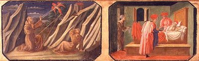 (LtoR) Assisi Szent Ferenc a stigmákat fogadja, SS. Cosmas és Damian egy beteg embert gyógyítanak; a Filippo Lipp által trónolt Madonnának és Gyermeknek predella részét képező eredeti panelek másolatai alkotó: Francesco di Stefano Pesellino