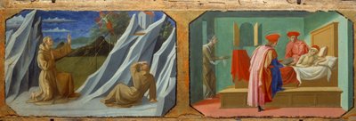 Assisi Szent Ferenc stigmákat kap, Szent Cosimo (Gyere vagy Cosimo) és Szent Damien beteget ápoló Francesco di Stefano dit Pesellino (kb. 1422-1457) festményei fára 15. század V. 0,32x0,94 m alkotó: Francesco di Stefano Pesellino