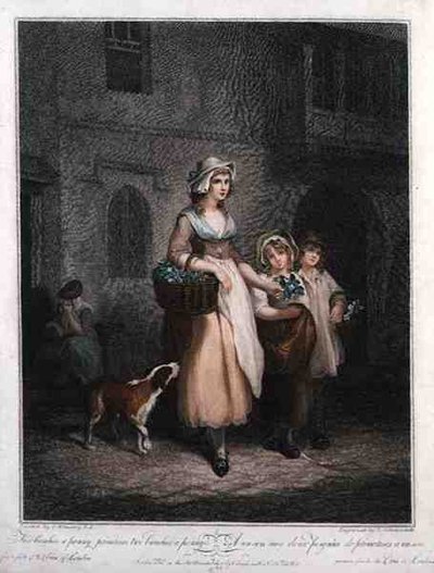 "Two Bunches a Penny, Primroses, Two Bunches a Penny", a "The Cries of London" 1. táblája, vésette Luigi Schiavonetti (1765-1810), pub. szerző: Colnaghi & Co. alkotó: Francis (after) Wheatley