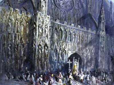 Exeter katedrálisának nyugati frontja, vallási körmenettel az előtérben alkotó: Francis Abel William Taylor Armstrong