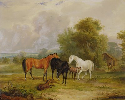 Lovak legeltetése: kancák és csikók a mezőn alkotó: Francis Calcraft Turner