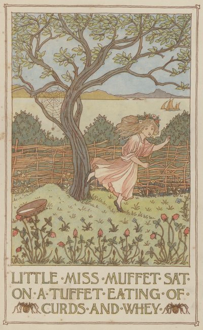 A kis Miss Muffet egy tufán ülve túrót és savót eszik (színes litográfia) alkotó: Francis Donkin Bedford