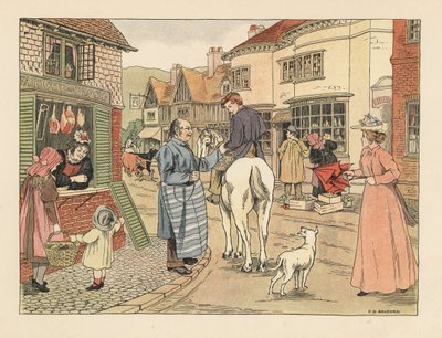 Viktoriánus hentes és hentesfiú lóháton egy falusi utcán. Kromolitográfia Francis Donkin Bedford illusztrációja után Edward Verrall Lucas The Book of Shops című művéből. alkotó: Francis Donkin Bedford