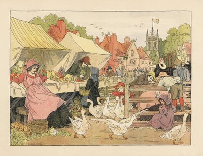 Viktoriánus gyerekek zöldséget vásárolnak, libákat kergetnek és disznókat piszkálnak a falusi piacon. Kromolitográfia Francis Donkin Bedford illusztrációja után Edward Verrall Lucas The Book of Shops című művéből. alkotó: Francis Donkin Bedford