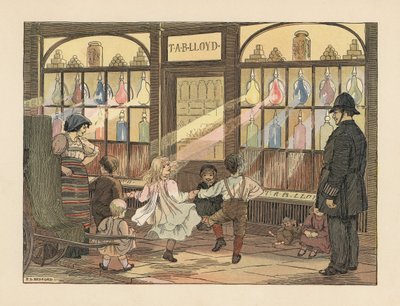 Viktoriánus gyerekek táncolnak egy gyógyszertár előtt, miközben egy rendőr nézi őket. Kromolitográfia Francis Donkin Bedford illusztrációja után Edward Verrall Lucas The Book of Shops című művéből. alkotó: Francis Donkin Bedford
