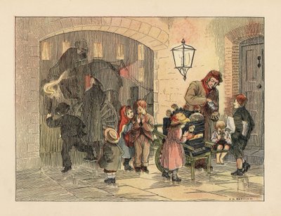 A viktoriánus gyerekek forró krumplit esznek a forró krumpliembertől. A háttérben esernyős emberek szállnak fel egy kocsira az esőben. Kromolitográfia Francis Donkin Bedford illusztrációja után Edward Verrall Lucas The Book of Shops című művéből. alkotó: Francis Donkin Bedford