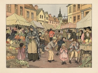 Viktoriánus korabeli gyerekek filléres narancsot esznek a londoni East End-i piac gyümölcs- és zöldségstandjain. Kromolitográfia Francis Donkin Bedford illusztrációja után Edward Verrall Lucas The Book of Shops című művéből. alkotó: Francis Donkin Bedford