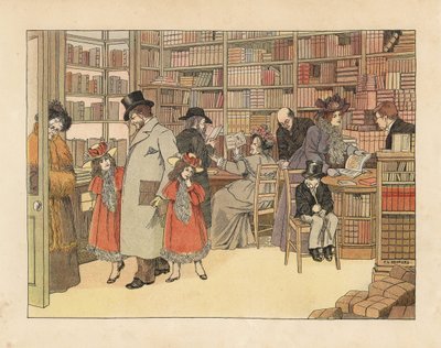 Viktoriánus vásárlók egy könyvesboltban. Kromolitográfia Francis Dorkin Bedford illusztrációja után Edward Verrall Lucas The Book of Shops című művéből, Grant Richards, London. alkotó: Francis Donkin Bedford