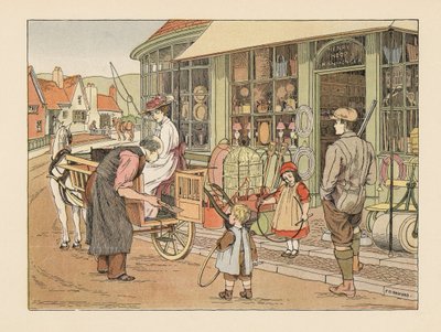 Viktoriánus család Henry Hoopnál, a falu vasárusánál. Kromolitográfia Francis Donkin Bedford illusztrációja után Edward Verrall Lucas The Book of Shops című művéből. alkotó: Francis Donkin Bedford