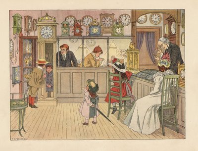 Viktoriánus család az órásmestereknél. Gyerekek játszanak egy nagyapai órán, miközben egy eladó órát javít. Kromolitográfia Francis Donkin Bedford illusztrációja után Edward Verrall Lucas The Book of Shops című művéből. alkotó: Francis Donkin Bedford