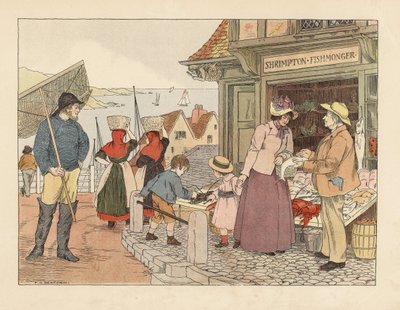 Viktoriánus halárus bolt a tengerpart közelében. Csizmás halászok hálóval és halásznők tornacipőben. Kromolitográfia Francis Donkin Bedford illusztrációja után Edward Verrall Lucas The Book of Shops című művéből. alkotó: Francis Donkin Bedford