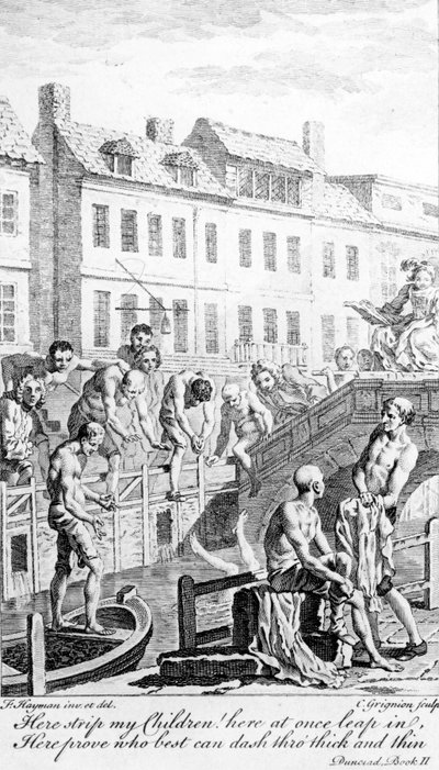 Fürdő a folyami flottában, idézettel Alexander Pope „Dunciad” című művéből, Charles Grignion metszete, 1750 körül alkotó: Francis Hayman