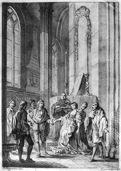 Claudio hűtlenséggel vádolja a hőst, William Shakespeare (1565-1616) „Sok háborgás a semmiért” című film i. felvonása IV. felvonása, Hubert Gravelot (1699-1773) metszetével alkotó: Francis Hayman