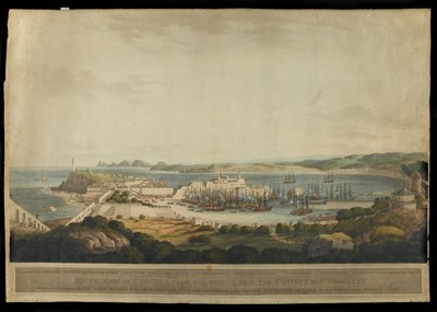 Korunna déli nézete a magaslatról a Szent Margit kolostor mellett, H. Merke metszete, 1809-ben megjelent (színes akvatinta) alkotó: Francis Lee