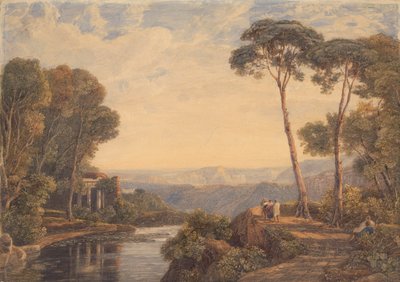Táj templommal és alakokkal a folyó mellett alkotó: Francis Oliver Finch