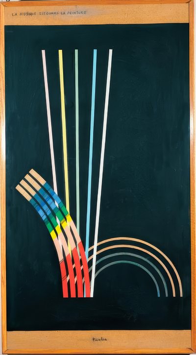 Mindenki. Fekete színek, fehér, piros, kék, sárga vonalak, görbék, egyenesek, ívek. alkotó: Francis Picabia