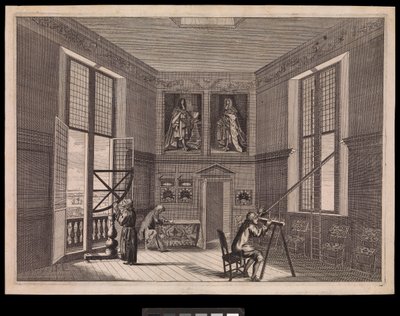 Három alak csillagászati eszközöket használ a Királyi Csillagvizsgáló Nagy Csillagtermében, vagy ahogy ma nevezik, az Oktogon teremben, 1676 körül (metszet). alkotó: Francis Place