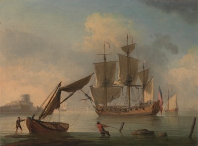 Egy angol Sloop becalmed a part közelében alkotó: Francis Swaine