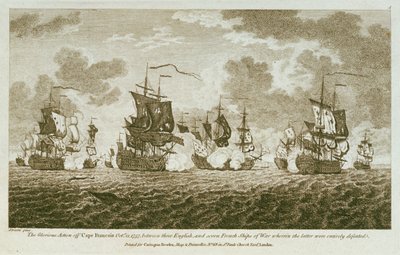 Tizenkét tengeri jegyességről készült nyomat. A dicsőséges összecsapás a Francois-foknál 1757. október 21-én az angolok és hét francia hadihajó között, ahol az utóbbiak teljes vereséget szenvedtek. (metszet) alkotó: Francis Swaine
