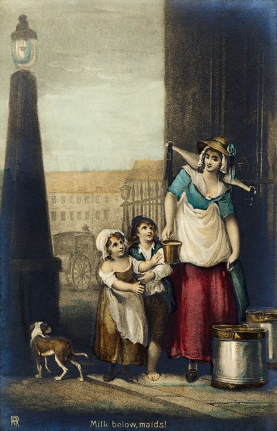 Tejet áruló londoni kereskedőnő "Tejet le, cselédek! alkotó: Francis Wheatley