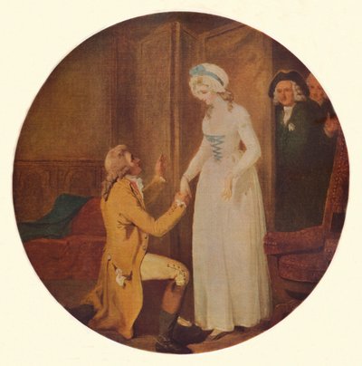 Fiatal Marlow és Miss Hardcastle: Jelenet a Lehajol a hódításhoz című filmből, Oliver Goldsmith V. felvonás, Sc. alkotó: Francis Wheatley