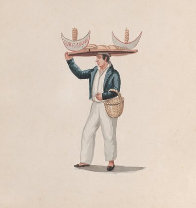 Egy tortillaárus, aki egy tálcát egyensúlyoz a fején, egy rajzcsoportból, amely perui..., kb. alkotó: Francisco