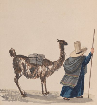 Egy lámával sétáló nő egy perui viseletet ábrázoló rajzcsoportból, kb. 1848. alkotó: Francisco