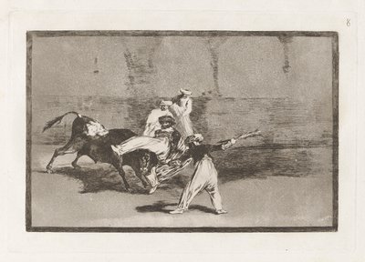 Cogida de un moro estando en la plaza (Egy mór, akit elkapott a bika a gyűrűben), 8. tábla a La tauromaquiától alkotó: Francisco de Goya