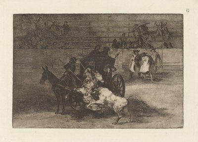 Küzdelem két öszvérre idomított hintón, La tauromaquia G-táblája (harmadik kiadás) alkotó: Francisco de Goya