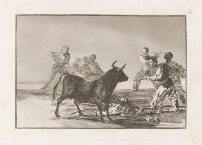 A Bikát lándzsákkal, sarlókkal, banderillákkal és más karokkal felfűző hamvas, 12. tábla a La tauromaquia-ból alkotó: Francisco de Goya