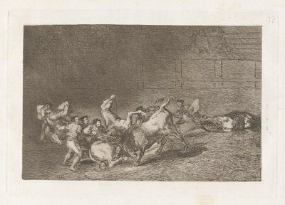 Két Picador-csapat, akiket egy bika dobott egymás után, La tauromaquia 32. táblája alkotó: Francisco de Goya