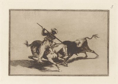 A lendületes Moro Gazul indul először? bikák sorrendben (A szellemes mór gazul az első, aki a szabályok szerint lándzsás bikákat lándzsa meg), 5. tábla a La tauromaquia-ból alkotó: Francisco de Goya