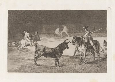 El c?lebre Fernando del Toro, barilarguero, rúdjával kényszeríti a fenevadat (Az ünnepelt Picador, Fernando del Toro, ráhúzza a heves fenevadat a pikéjével), 27. tábla a La tauromaquia-ból alkotó: Francisco de Goya
