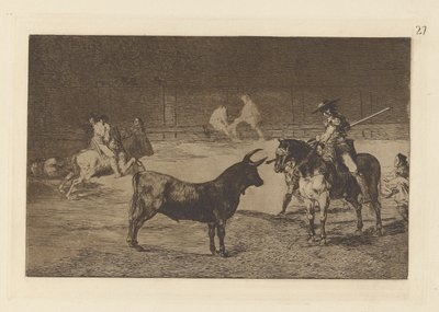 A híres Fernando del Toro, barilarguero, erőltető ? la fiera con su garrocha (Az ünnepelt Picador, Fernando del Toro, Ráhúzza a vadállatot Pique-jával), 27. tábla a La tauromaquia-ból alkotó: Francisco de Goya