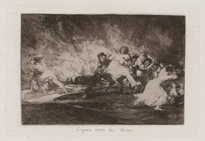 Menekülnek a lángokon keresztül, 41. tábla a háború katasztrófáiból alkotó: Francisco de Goya