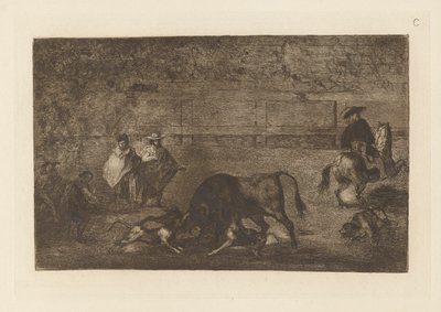 The Dogs Let Loose on the Bull, C tábla a La tauromaquiától (harmadik kiadás) alkotó: Francisco de Goya