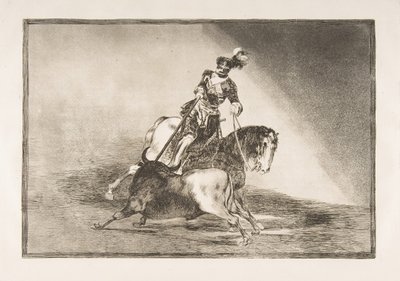 La Tauromaquia 10. táblája: V. Károly bikát lándzsázik a ringben Valladolidban, 1816. alkotó: Francisco de Goya