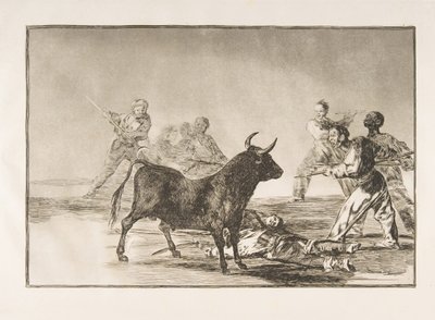 12. tábla a Tauromaquiáról: A tömeg lándzsával, sarlóval, szalaggal megfeszíti a bikát..., 1816. alkotó: Francisco de Goya