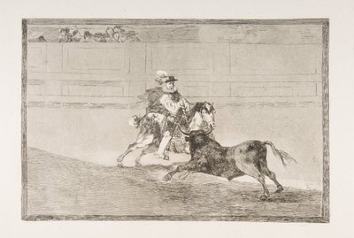 A „Tauromaquia” 13. táblája: Spanyol lovas lovag a gyűrűben, aki rövid lándzsákat tör..., 1816. alkotó: Francisco de Goya