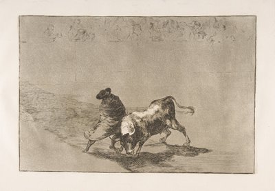 14. tábla a Tauromaquiáról: Falces nagyon ügyes tanítványa, köpenyébe burkolva..., 1816. alkotó: Francisco de Goya