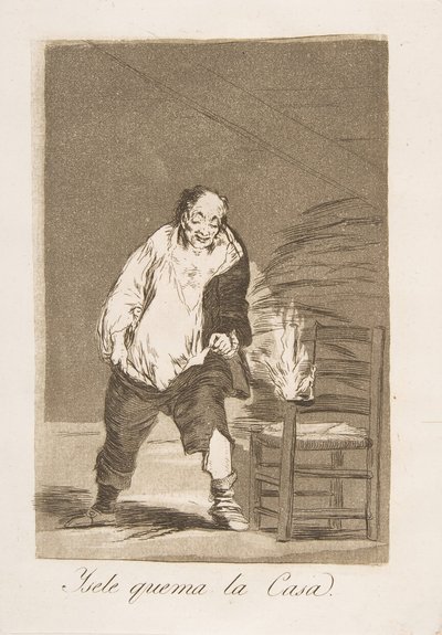18. tábla a „Los Caprichos”-ból: És a háza ég, Ysele quema la Casa., 1799. alkotó: Francisco de Goya